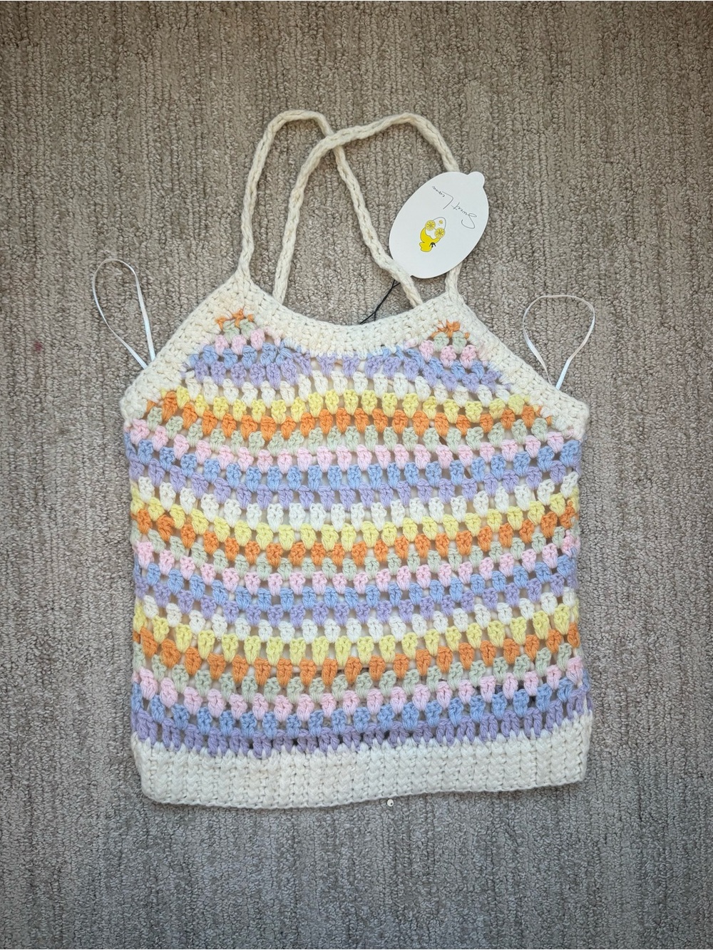 Crochet Pastel Stripe Crop Top - Cream, Lavender, Yellow & Peach
